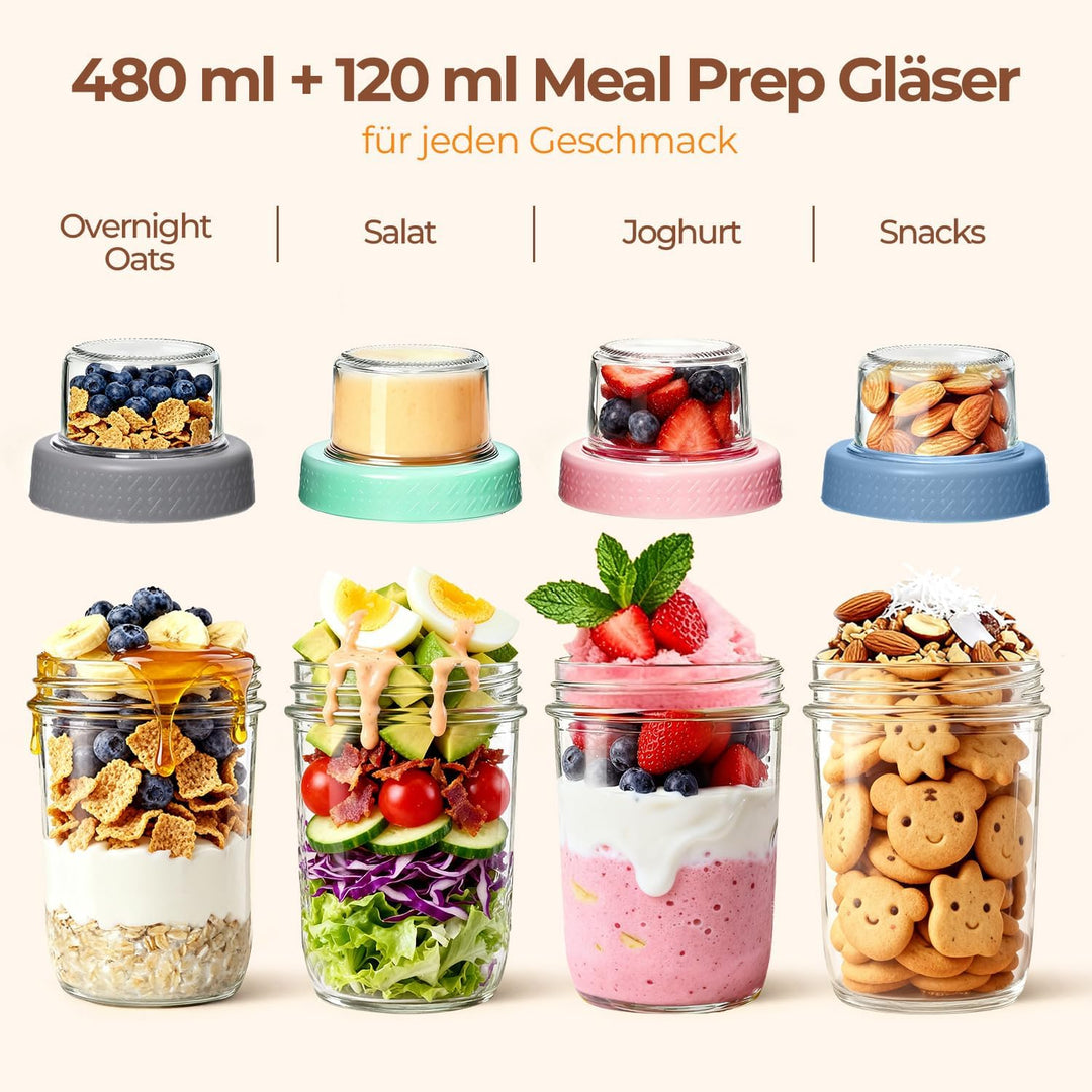 ComSaf Müslibecher to Go 4er Set, 480 ml Overnight Oats Gläser aus Glas mit 120 ml Topping-Fach, Jog