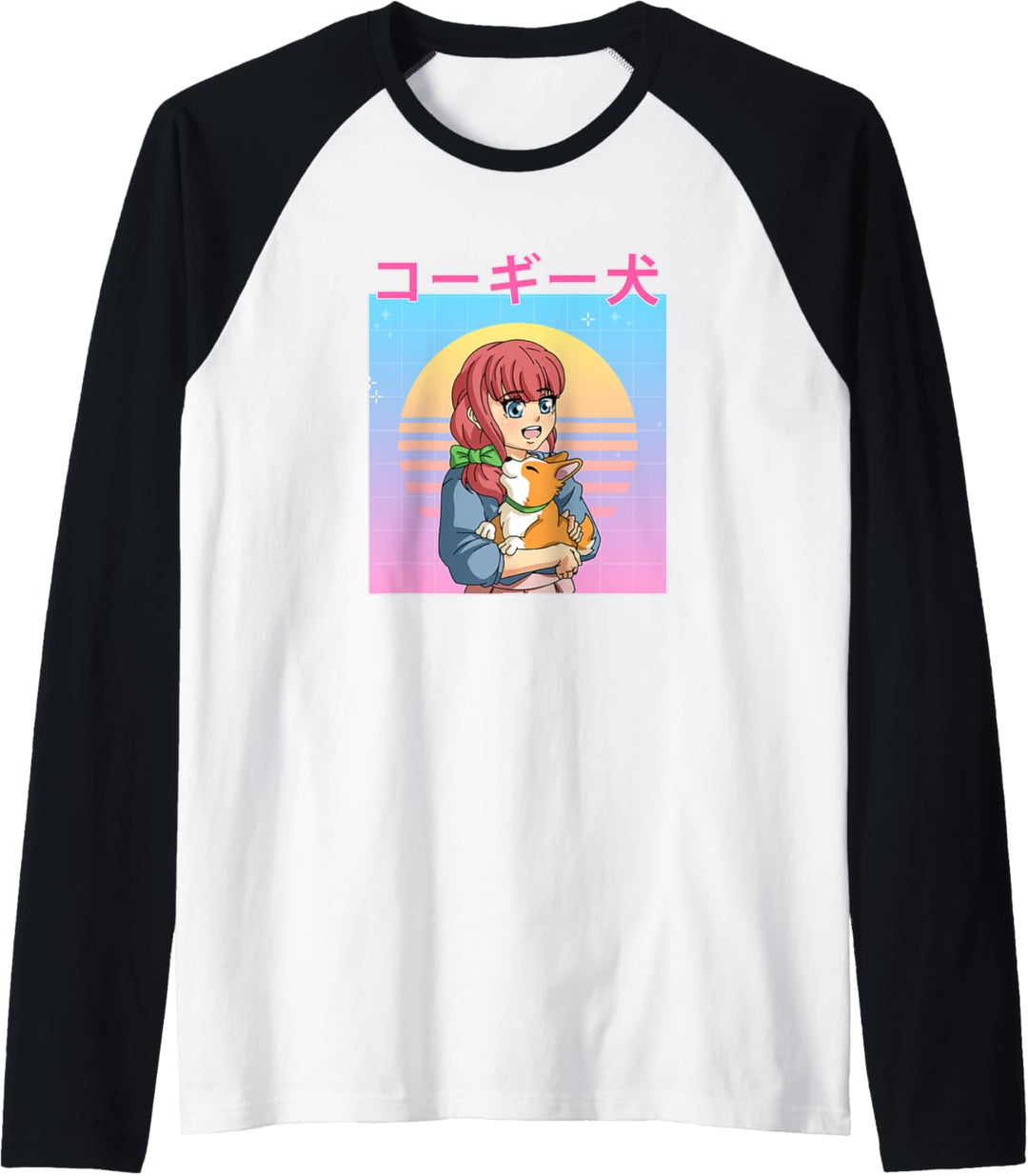 Retro 90er Jahre japanische Anime-Mädchen und Corgi Hund Raglan