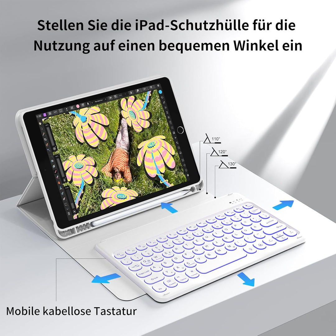 aoub Hülle mit Tastatur für iPad 9./ 8. / 7. Generation, Beleuchtete Tastatur mit Hülle für iPad 10,