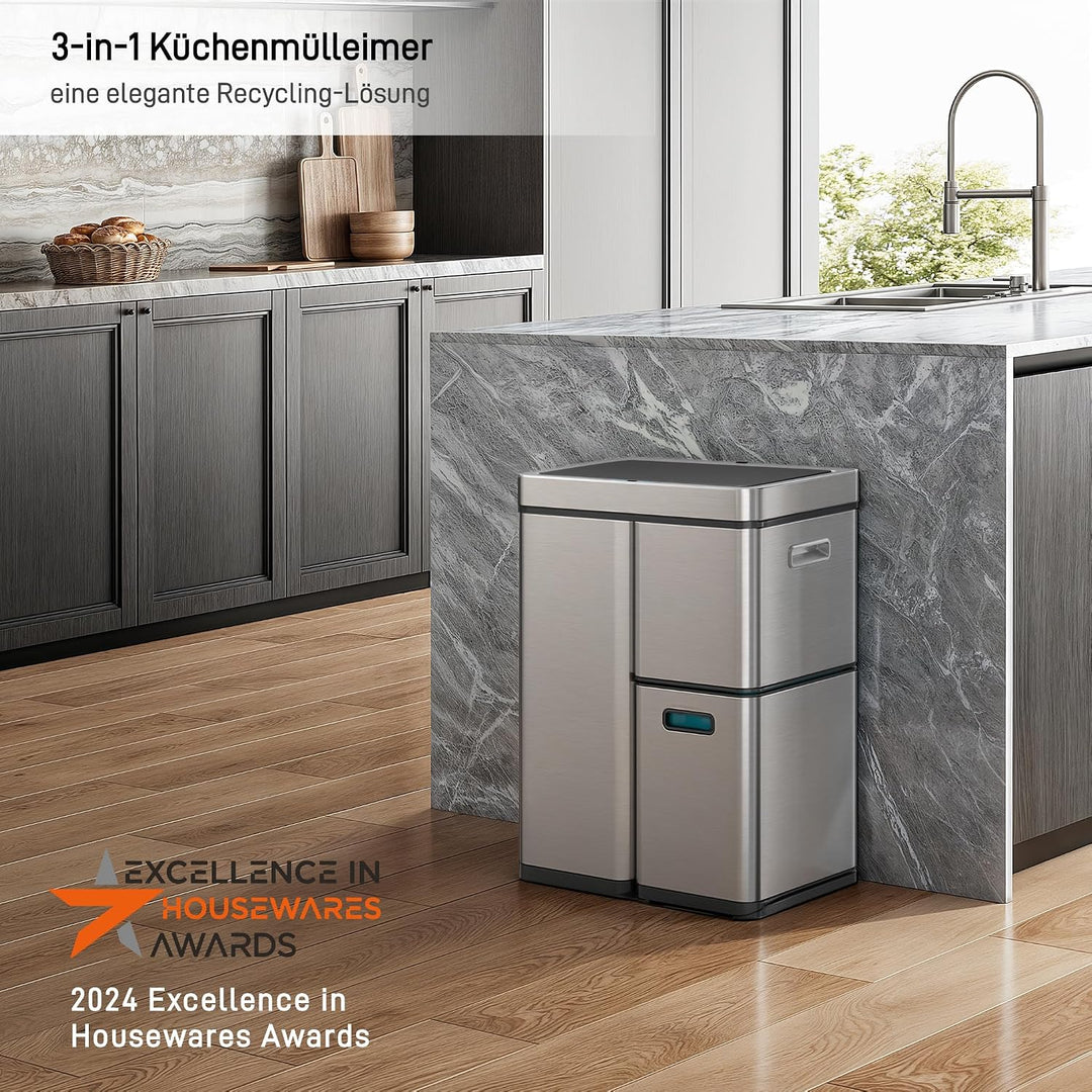 EKO Mirage Plus Mülltrennsystem mit 3 Fächer, 2 x 15 L und 30 L, Recycler Mülleimer mit Sensor, 3 Ku