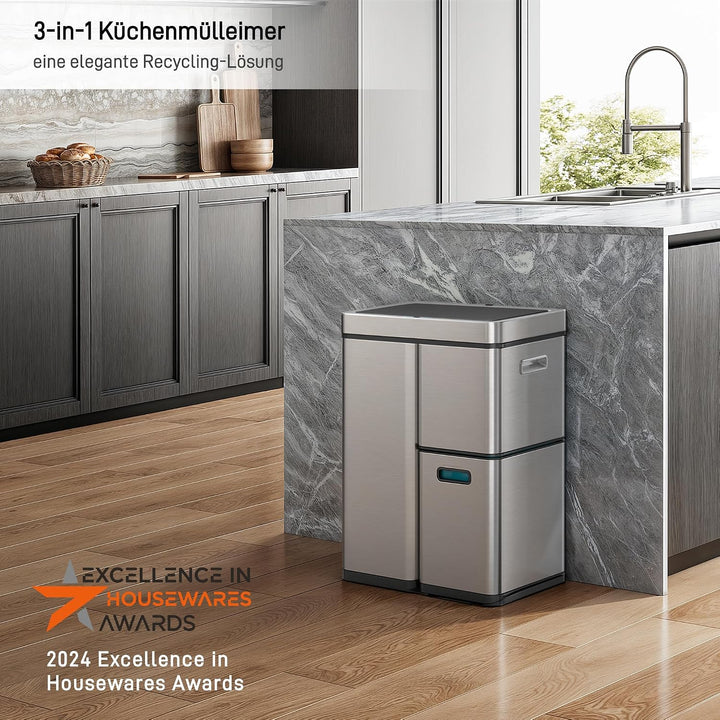 EKO Mirage Plus Mülltrennsystem mit 3 Fächer, 2 x 15 L und 30 L, Recycler Mülleimer mit Sensor, 3 Ku