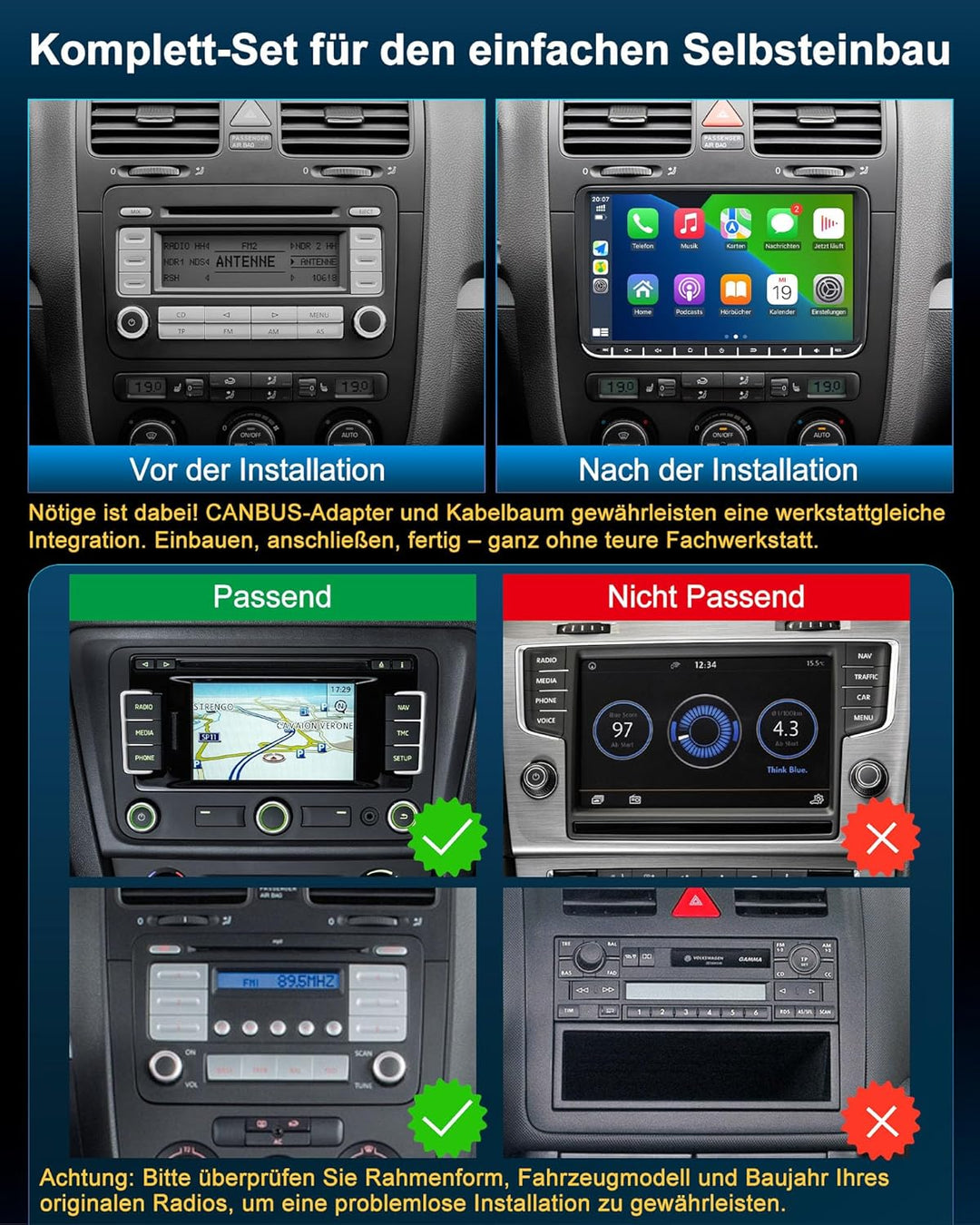VW Autoradio mit Bildschirm für Golf 5 6 Polo T5 Passat Touran Seat Skoda, 2Din Bluetooth Auto Radio