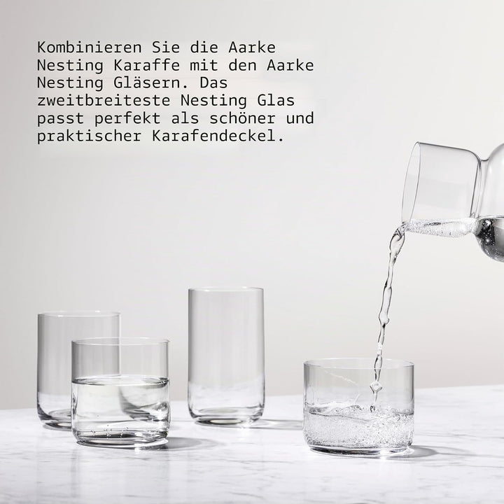 AARKE Nesting Carafe, Kristallglaskaraffe (1,1 Liter) + Edelstahl-Barlöffel, Karaffe