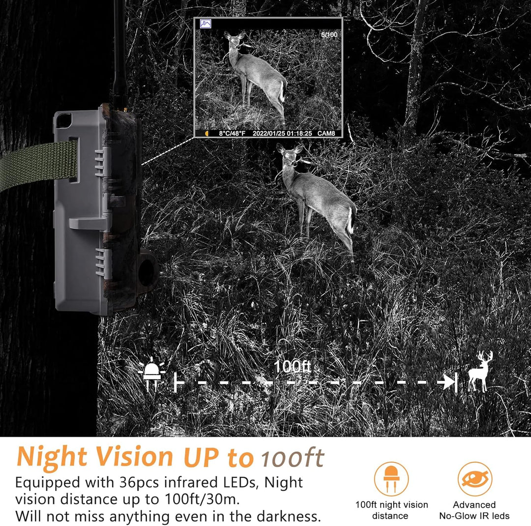 BlazeVideo 4G LTE 120° Mobilfunk Wildkamera 32MP 1296P H.265 Handyübertragung mit SIM Bewegun