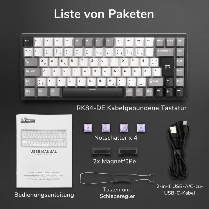 RK ROYAL KLUDGE RK84-DE Kabelgebundene 75% TKL RGB Hot Swapable Mechanische Gaming-Tastatur,Deutsche