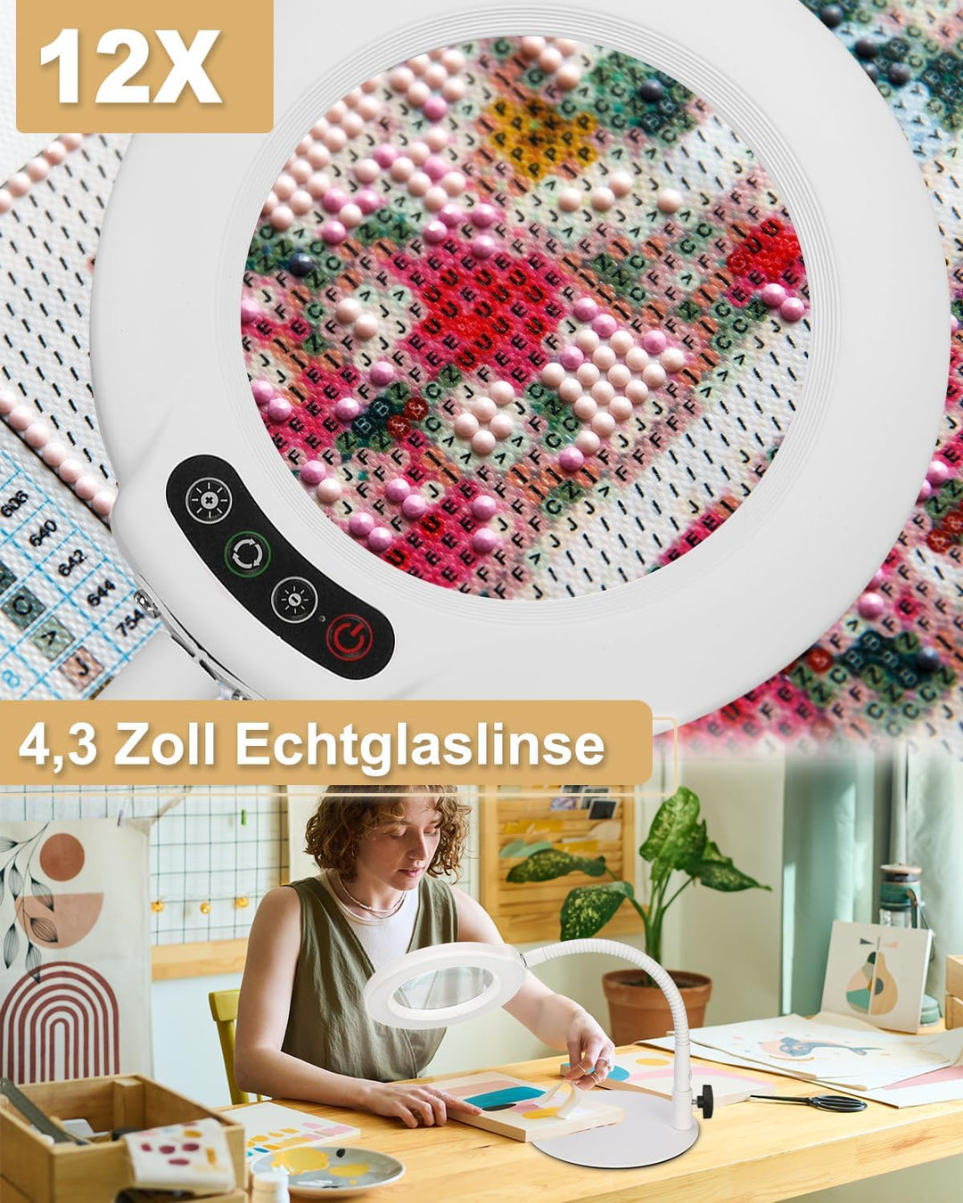 Veemagni 10X Lupe mit Licht und Ständer, 5 Farbmodi stufenlos dimmbare LED beleuchtete Schreibtischl