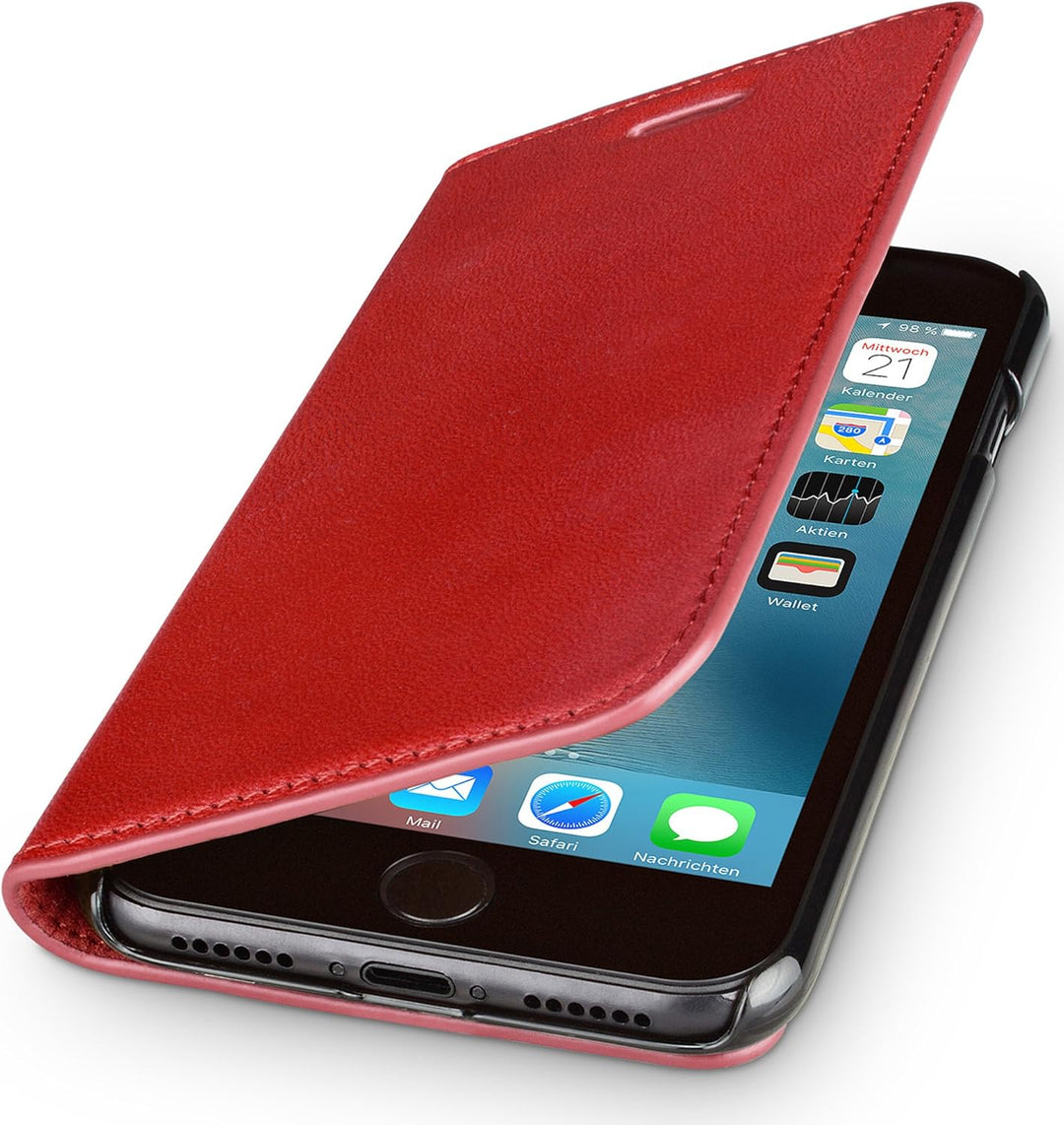 WIIUKA Echt Ledertasche - TRAVEL Nature - für Apple iPhone 8 und iPhone 7 - DEUTSCHES Leder - Rot, m