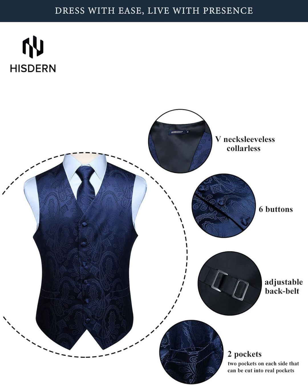 HISDERN Herren FLoral Hochzeit Weste Krawatte Einstecktuch Taschentuch Jacquard Weste Anzug Set XS N