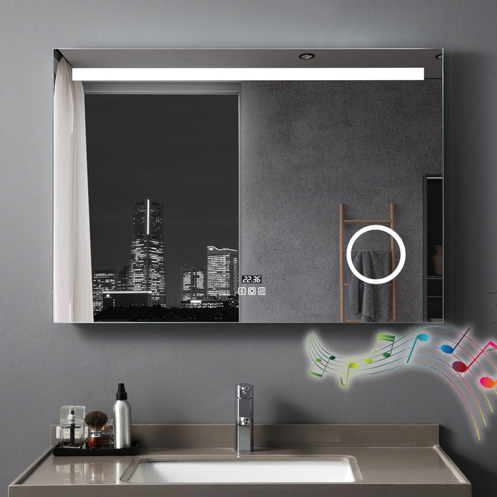 LED Badspiegel mit Beleuchtung 80x60 cm, Bad Spiegel Gross badezimmerspiegel mit Steckdose + Uhr und