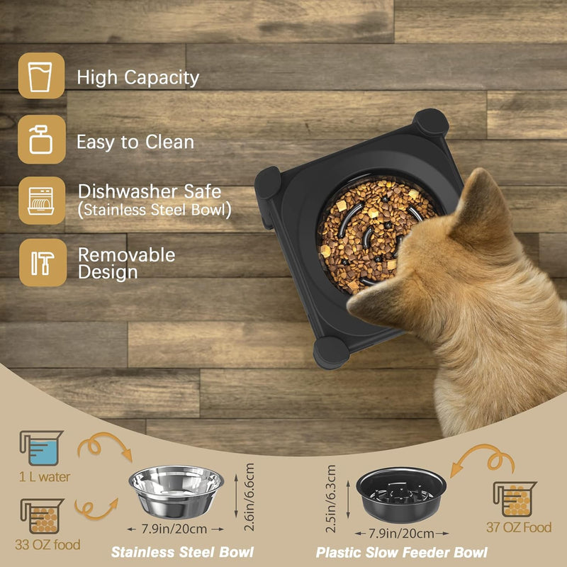 Lewondr Erhöht Hundenapf, 1000ml Edelstahl Hund Futternapf & 1100ml Langsam Futternapf, 3 Höhenverst