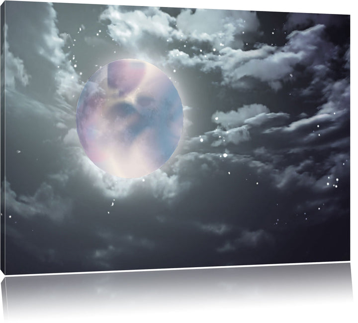 Vollmond unter Sternen und Wolken schwarz/weiss Format: 100x70 auf Leinwand, XXL riesige Bilder fert