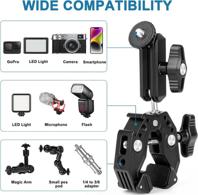 ChromLives Super Clamp mit 360° Kugelkopfarm,Super Klemme mit Cold Shoe，1/4" Gewinde，Action Kamera A