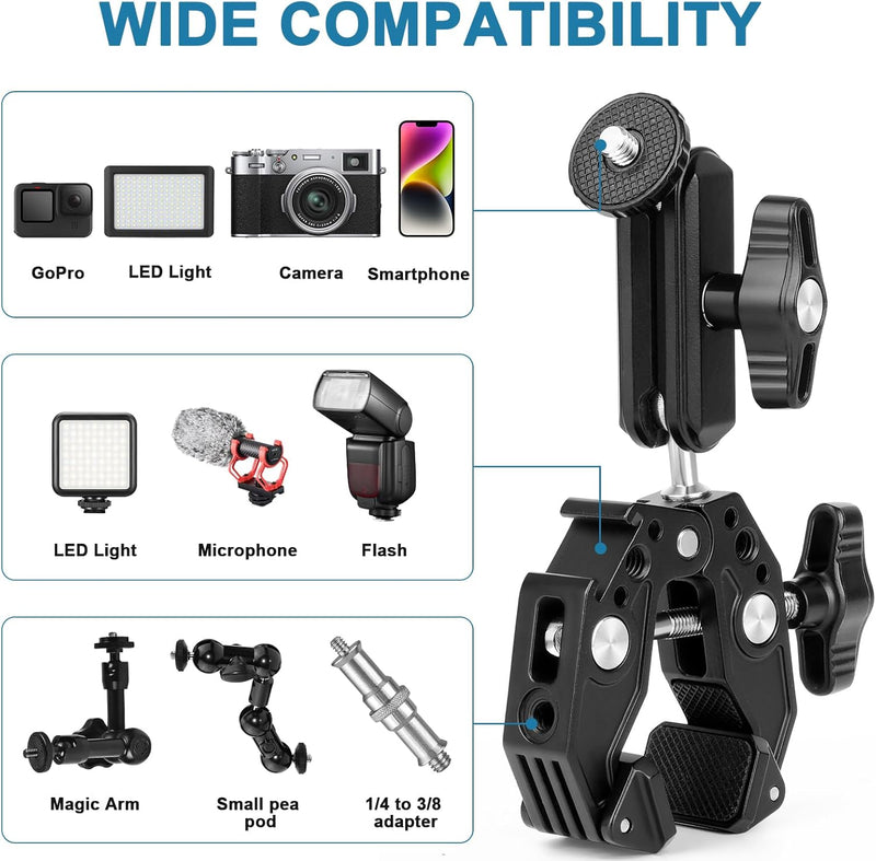 ChromLives Super Clamp mit 360° Kugelkopfarm,Super Klemme mit Cold Shoe，1/4" Gewinde，Action Kamera A