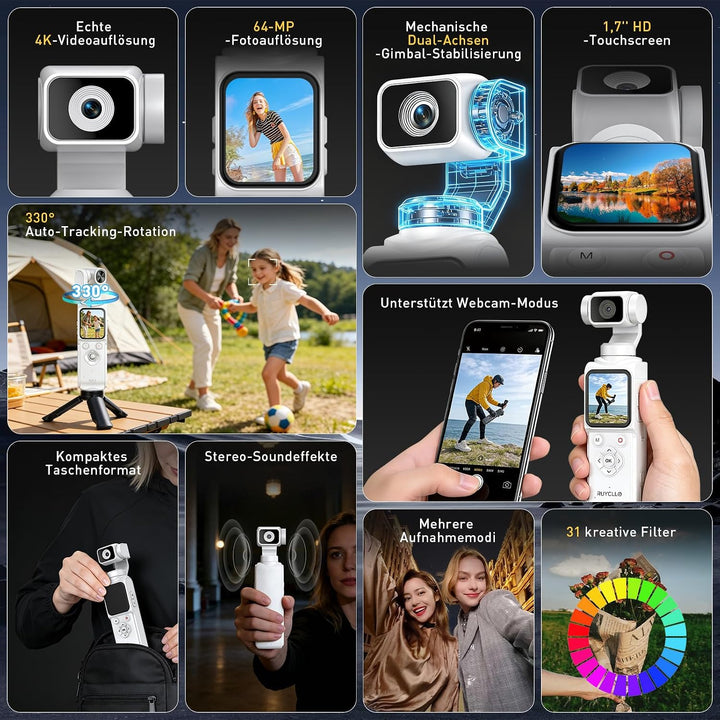 Action Kamera 4K, Vlog Kamera mit 1,72-Zoll-Touchscreen und 2-Achsen Stabilisierung, Digitalkamera m