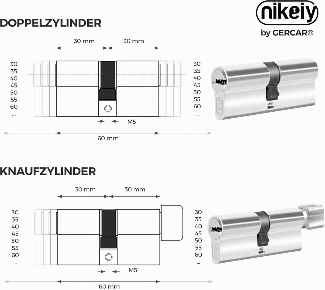 GERCAR Profilzylinderschloss Zylinderschloss 40/40 Knaufzylinder - inkl. 10 Schlüssel - 2 Stück glei