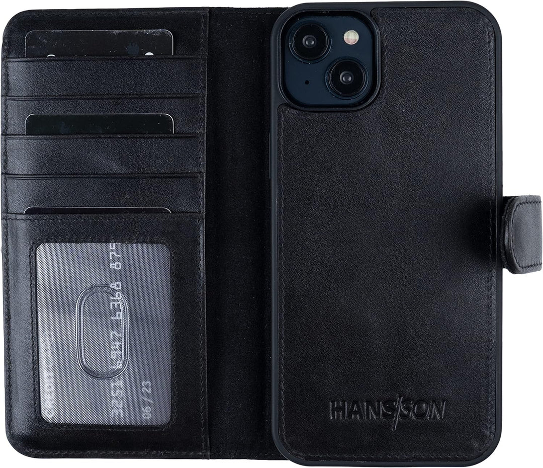 HANS/SON Echtlederhülle für iPhone 14 Plus | 6,7 Zoll | 2 in 1 Ledercase mit Kartenfächern | Schwarz