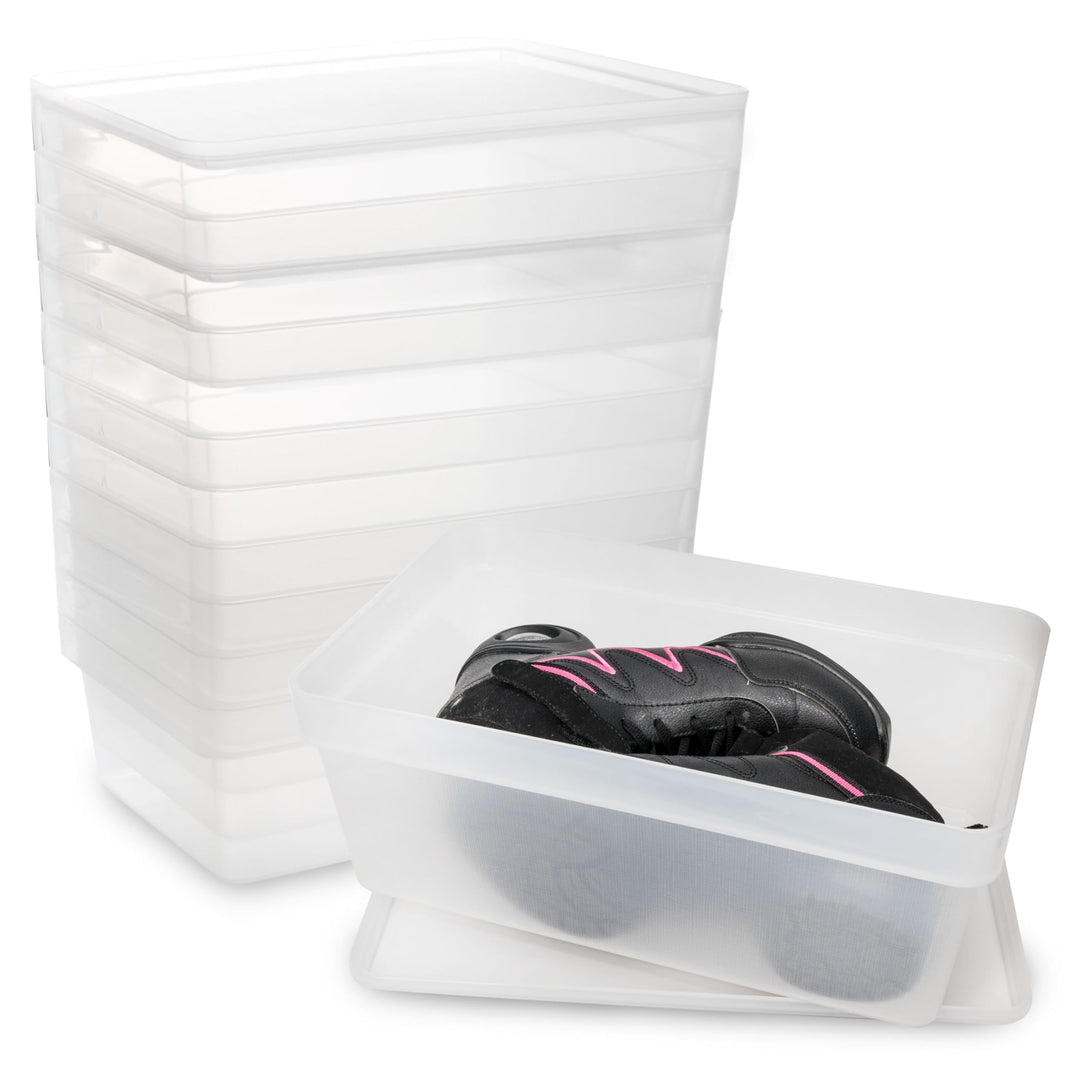 12x Ordnungsbox mit Deckel - stapelbar - milchig-transparent - Schuhbox - 14,5 cm hoch | 21,5x36x14,