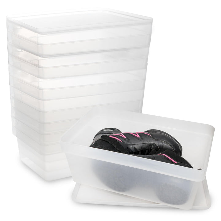 12x Ordnungsbox mit Deckel - stapelbar - milchig-transparent - Schuhbox - 14,5 cm hoch | 21,5x36x14,