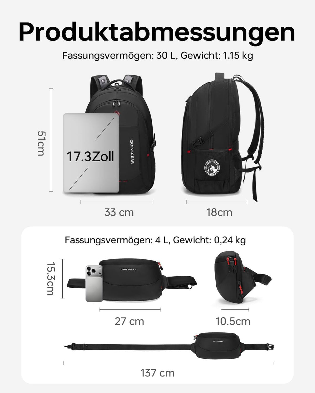 CROSSGEAR Reise-Laptop-Rucksack + Crossbody-Umhängetasche Set, 30L schwarzer wasserdichter Rucksack,