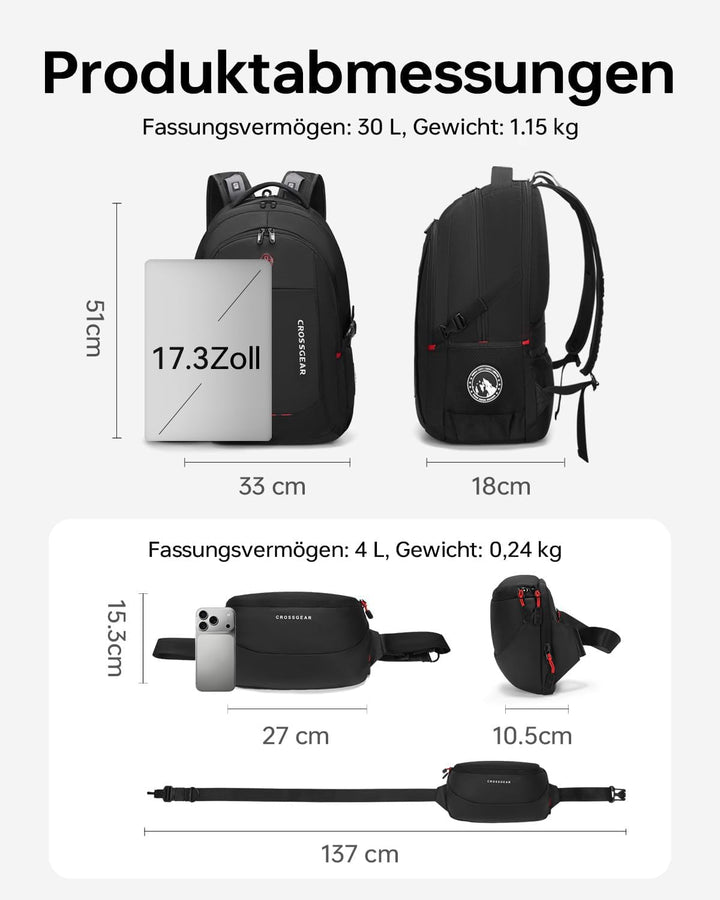 CROSSGEAR Reise-Laptop-Rucksack + Crossbody-Umhängetasche Set, 30L schwarzer wasserdichter Rucksack,