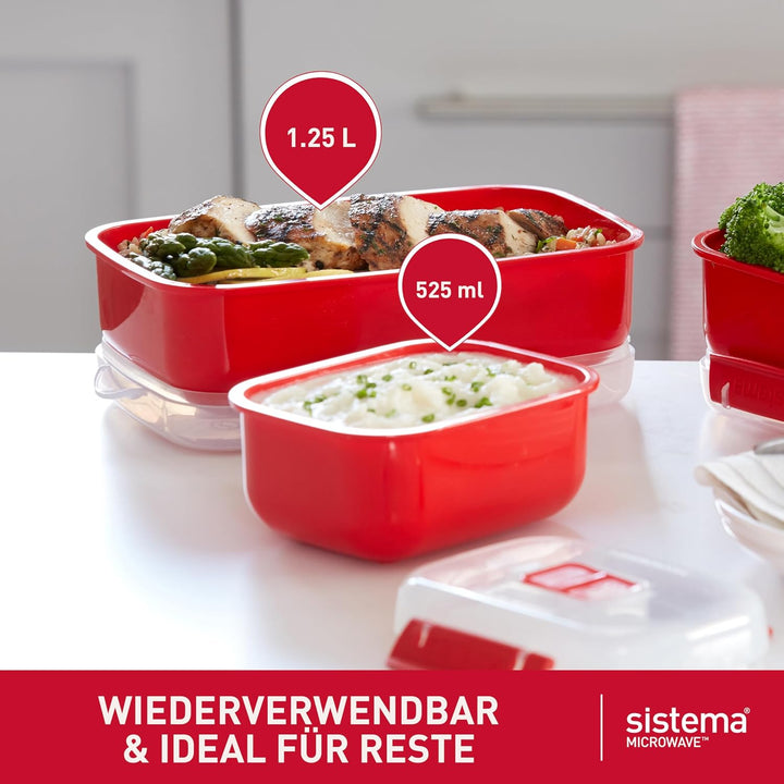 Sistema Microwave-Heat & Eat Frischhaltedosen Set, 4 rechteckige Mikrowellen-Vorratsdosen mit Deckel