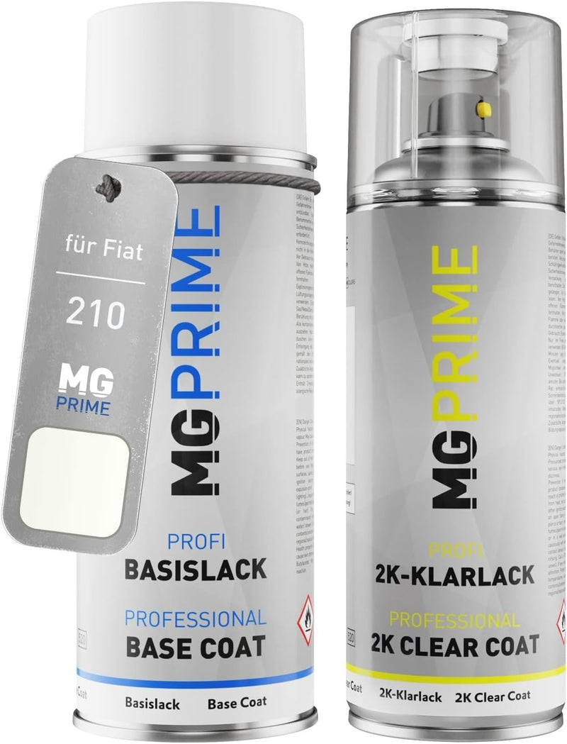 MG PRIME Autolack 2K Spraydosen Set für Fiat 210 Bianco/Schneeweiss Basislack 2 Komponenten Klarlack