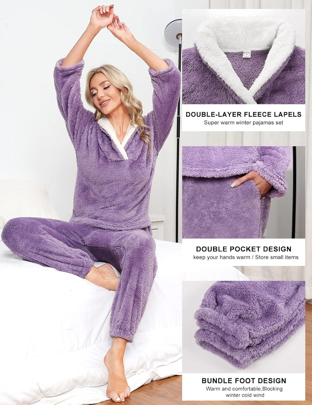 TOMEEK Schlafanzug Damen Winter Thermo Pyjama Set Langarm Fleece Nachtwäsche Set Weicher Warmer Heim