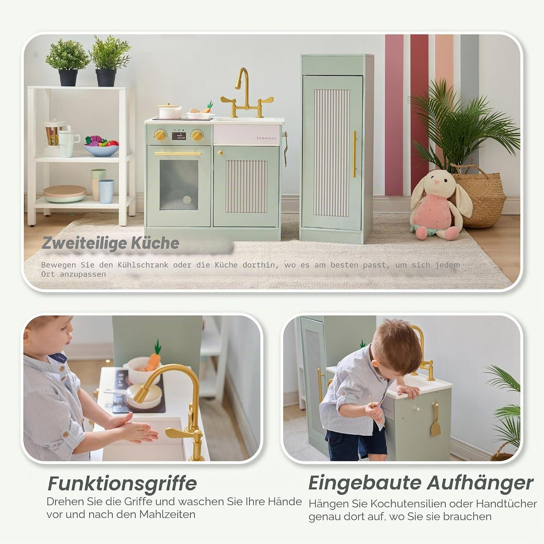 Teamson Kids Little Chef Chester Kinderküche in Grün mit Zubehör, Spielküche für Kinder aus Holz mit