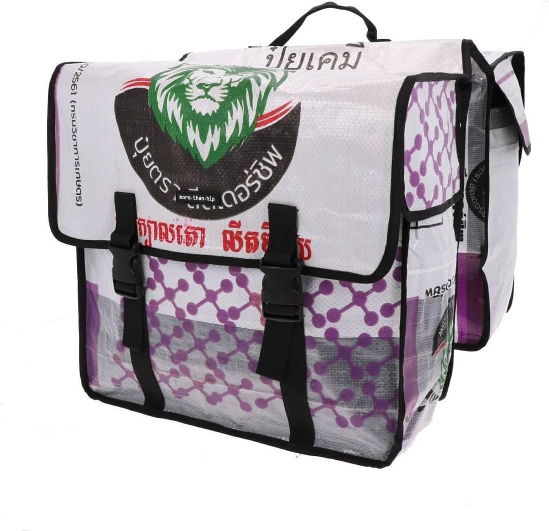Doppelte Fahrradtasche aus recycelten Zementsäcken - Mumba Löwe-37 × 35 × 15 cm Weiss, Weiss