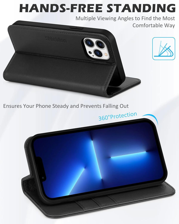 SHIELDON Hülle für iPhone 13 Pro, Handyhülle Schutzhülle [Echtleder] [Kartenfach] [Magnet] [Standfun