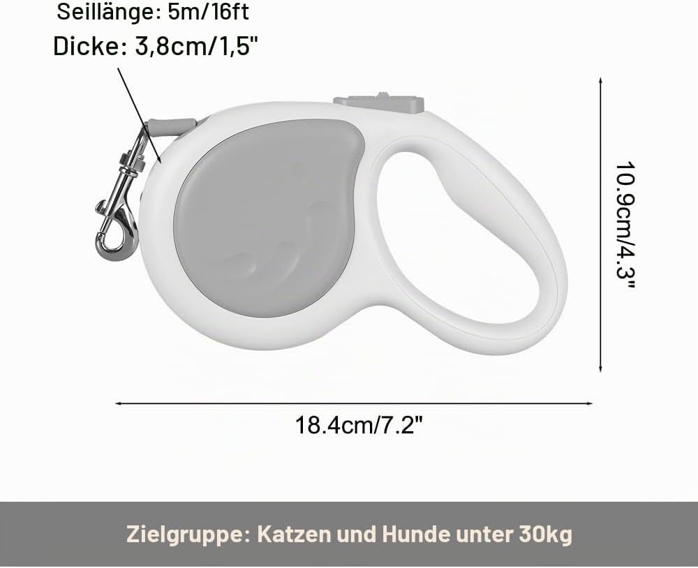 Einziehbare Hundeleine, 4,8m, Robuste Rollleine mit 360°-Drehhaken und LED-Licht, Haustier Leine für