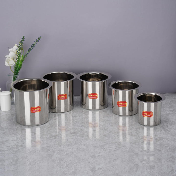 Sumeet Edelstahl Ganj/Milchkessel/Milchtopf/langes Tapeli-Set von 5 Stück (1150 ml, 1450 ml, 1800 ml