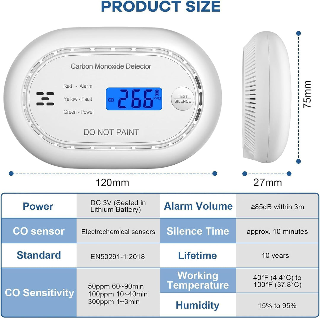 XINDUM Kohlenmonoxidmelder 10 Jahre Batterie, CO Melder Kohlenmonoxid Melder mit LCD-Digitalanzeige,