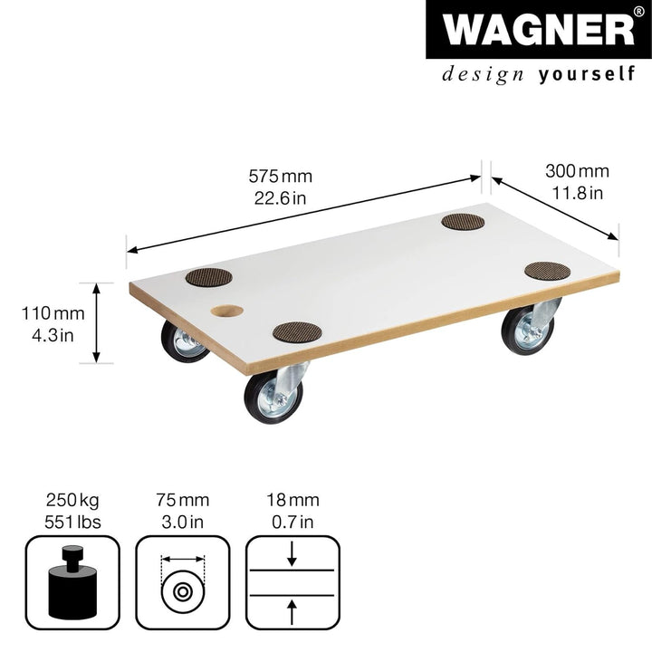 WAGNER Transportroller Transporthilfe I 57,5 x 30 x 11 cm, Tragkraft 250 kg I Möbelhund MDF mit Spez