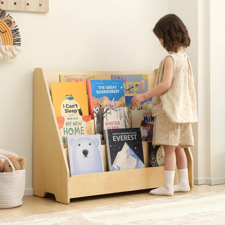 OOOK Bücherregal Kinder Holz mit 4 Ablagen, Montessori-bücherregal Kinderzimmer, Frontales Bücherreg