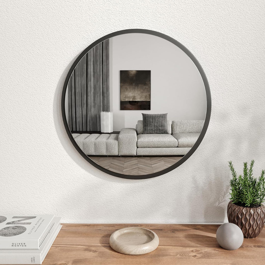 Gozos Moderner Industrial Spiegel Obejo, Schwarz - Runder Wandspiegel mit hölzerner Unterseite und i