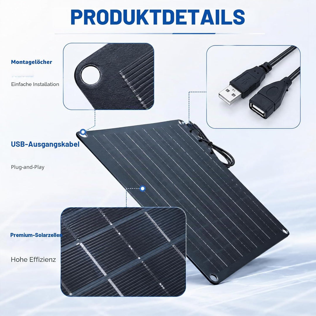Solar USB Ladegerät 10W 5V, Tragbares Solarpanel mit USB-Anschluss, wasserdichtes Solarladegerät für