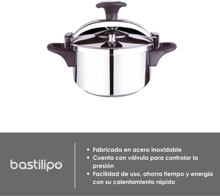 Bastilipo - Express Classic 6 Kochtopf aus Edelstahl, 6 Liter | Druck- und Sicherheitsventil | Kompa