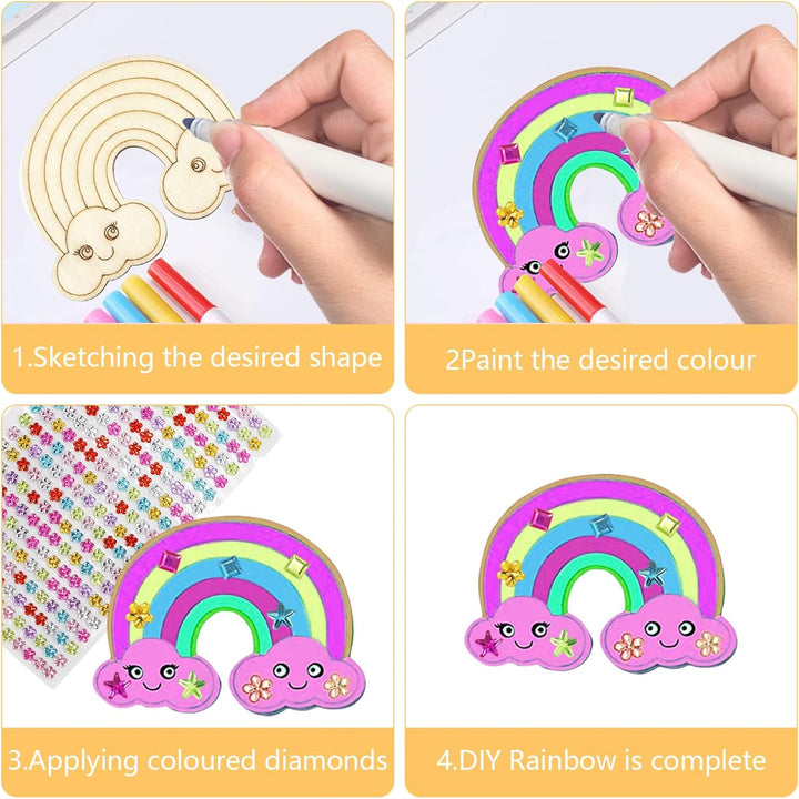 Einhorn Holz Bastelset 40 Stück Einhorn Holz Kindergeburtstag mit 12 Aquarellstiften + 3 Glitzeraufk
