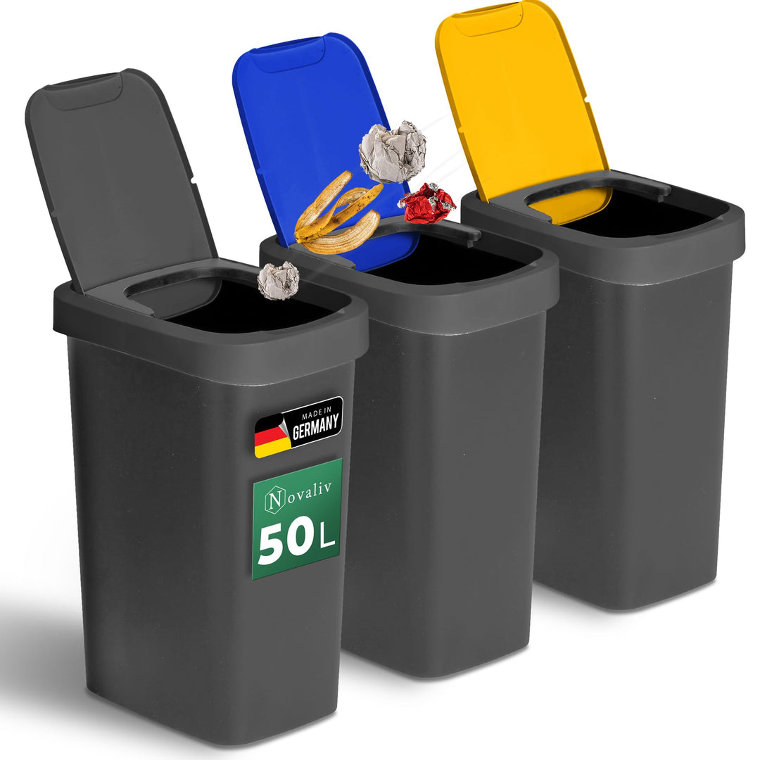 Novaliv Mülltrennsystem 50L 3er Set Mülleimer mit Schwingdeckel, Mülltrennung Küche Abfalltrennung,
