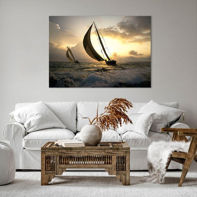 Bilder auf Leinwand 100x70cm Leinwandbild Schiff Sonnenuntergang Sonne Landschaft Gross Wanddeko Bil