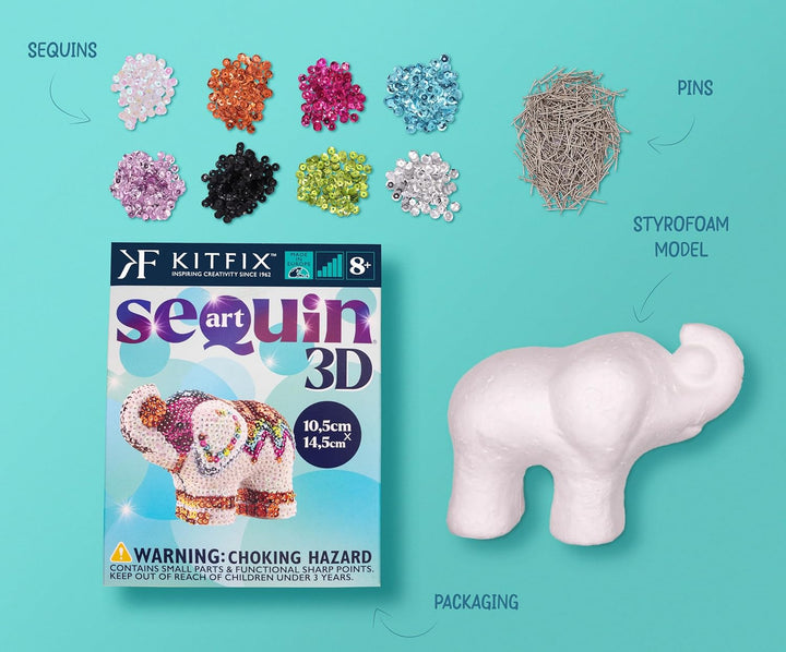 Kitfix - Sequin Art 3D Elefant - 3D Paillettenbild - Bastelset für Jugendliche, Erwachsene und Kinde