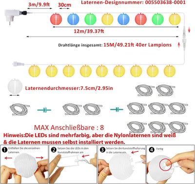 12M LED Lampions Lichterkette Aussen Strom, Warmweiss und Bunt 11 Modi Lampion Lichterkette mit Fern