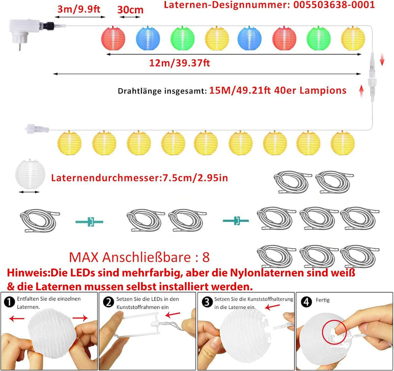 12M LED Lampions Lichterkette Aussen Strom, Warmweiss und Bunt 11 Modi Lampion Lichterkette mit Fern