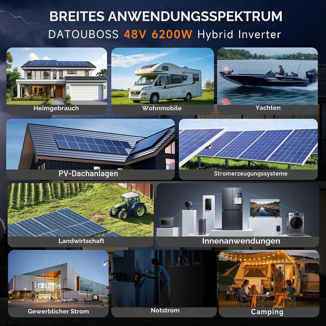 DATOUBOSS 6200W 48V Hybrid Wechselrichter Reiner Sinus, MPPT 120A, 8500W PV Eingang, 48V Lithium kom