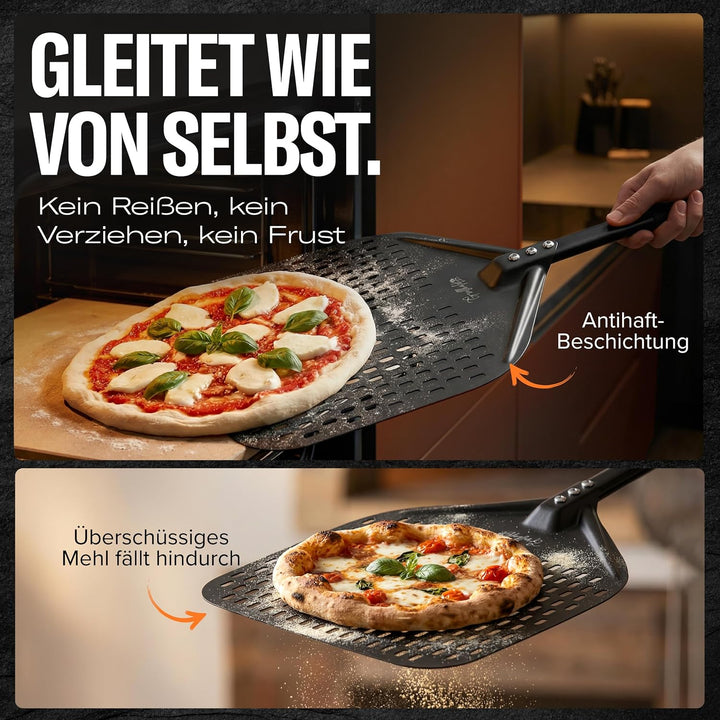 Pizzaschieber Set mit Pizzaschneider - grosser perforierter Pizzaschieber mit Antihaft-Beschichtung