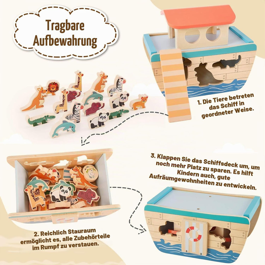 HERSITY Arche Noah aus Holz, Holzspielzeug Kinder Taufgeschenke für Mädchen Jungen 12 Monate, Holz S
