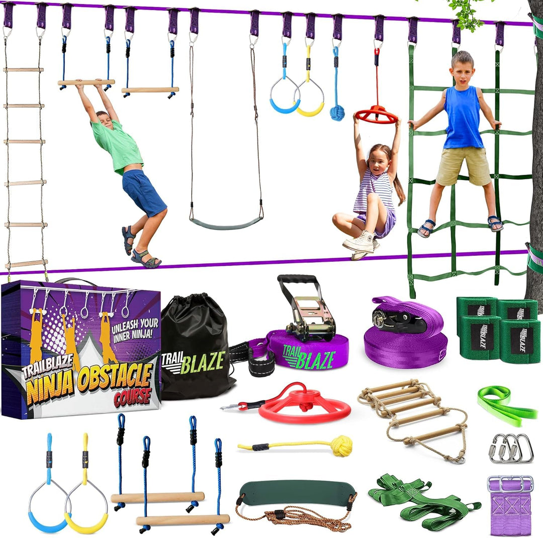 Ninja Warrior Obstacle Course for Kids Workout Equipment, 2 x 55ft Slacklines with 10 Weatherproof &