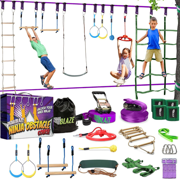 Ninja Warrior Obstacle Course for Kids Workout Equipment, 2 x 55ft Slacklines with 10 Weatherproof &