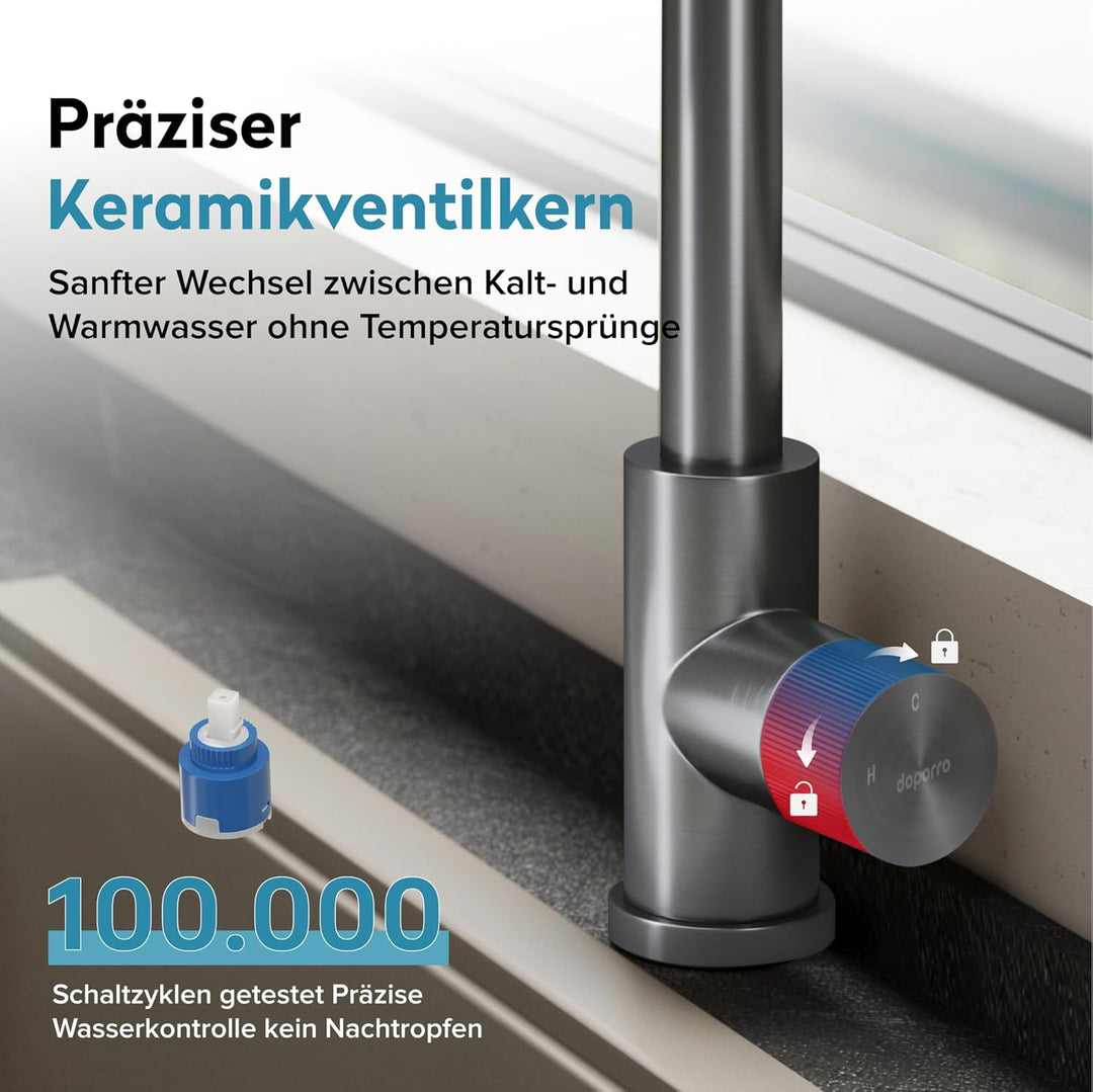 doporro Wasserhahn Küche ausziehbar, Hochdruck Küchenarmatur mit Wasserfall, 3 Strahlarten und Braus